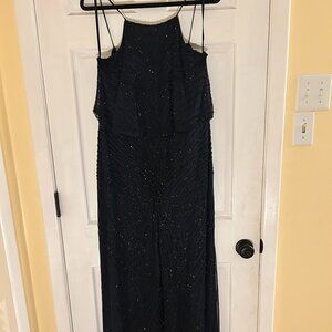 Holiday formal party wear alert!  Dark Navy floor length sequined pants jumpsuit